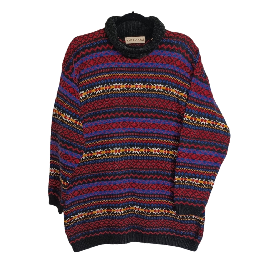 VTG MARSH LANDING Red Blue Black Geometric Stripe Long Sleeve Grandpa Sweater M